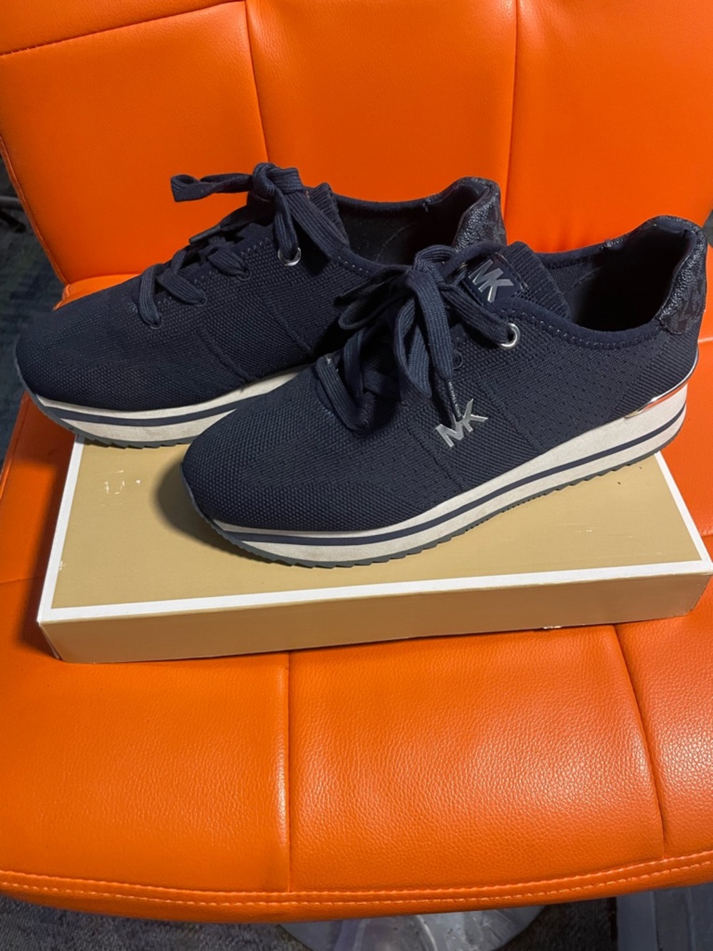 Michael Kors Navy Knit Lace-Up Platform Sneakers